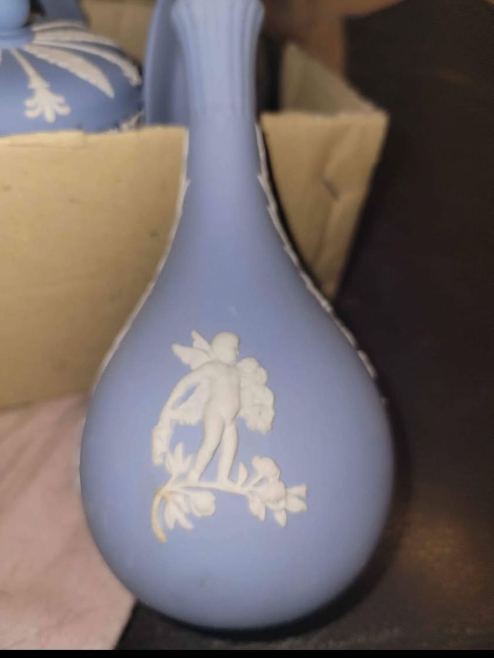 Blue Jasperware-Style Decorative Bud Vase with White Relief